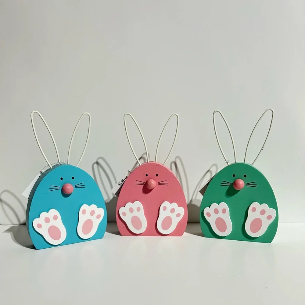 Easter Bunny Feet Wood Metal Ears Pastel Blue Pink Green Set 3 Fairycore NEW